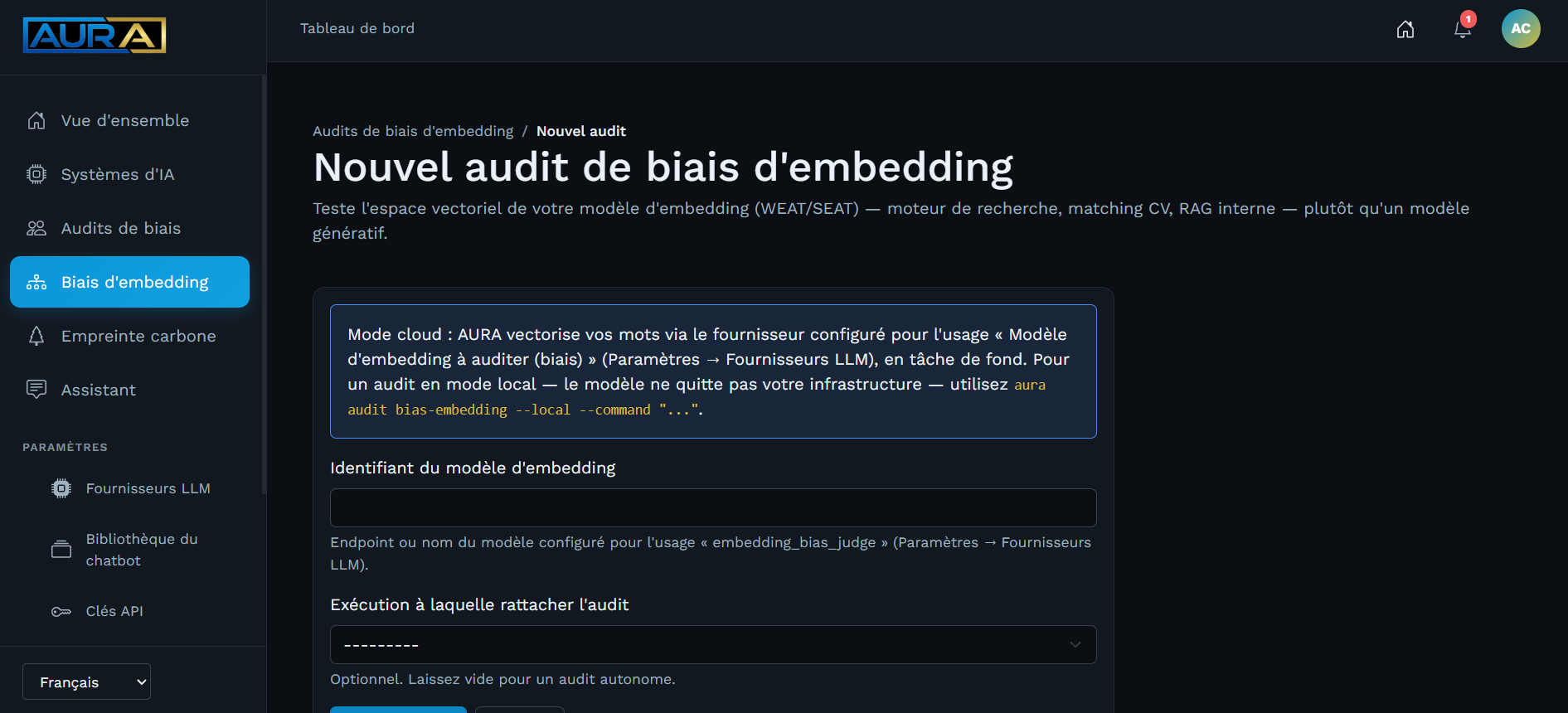 Le formulaire de création d'un audit de biais d'embedding