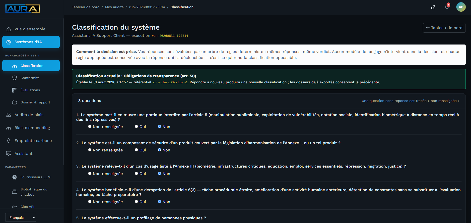 Les huit questions de classification, avec le raisonnement retenu