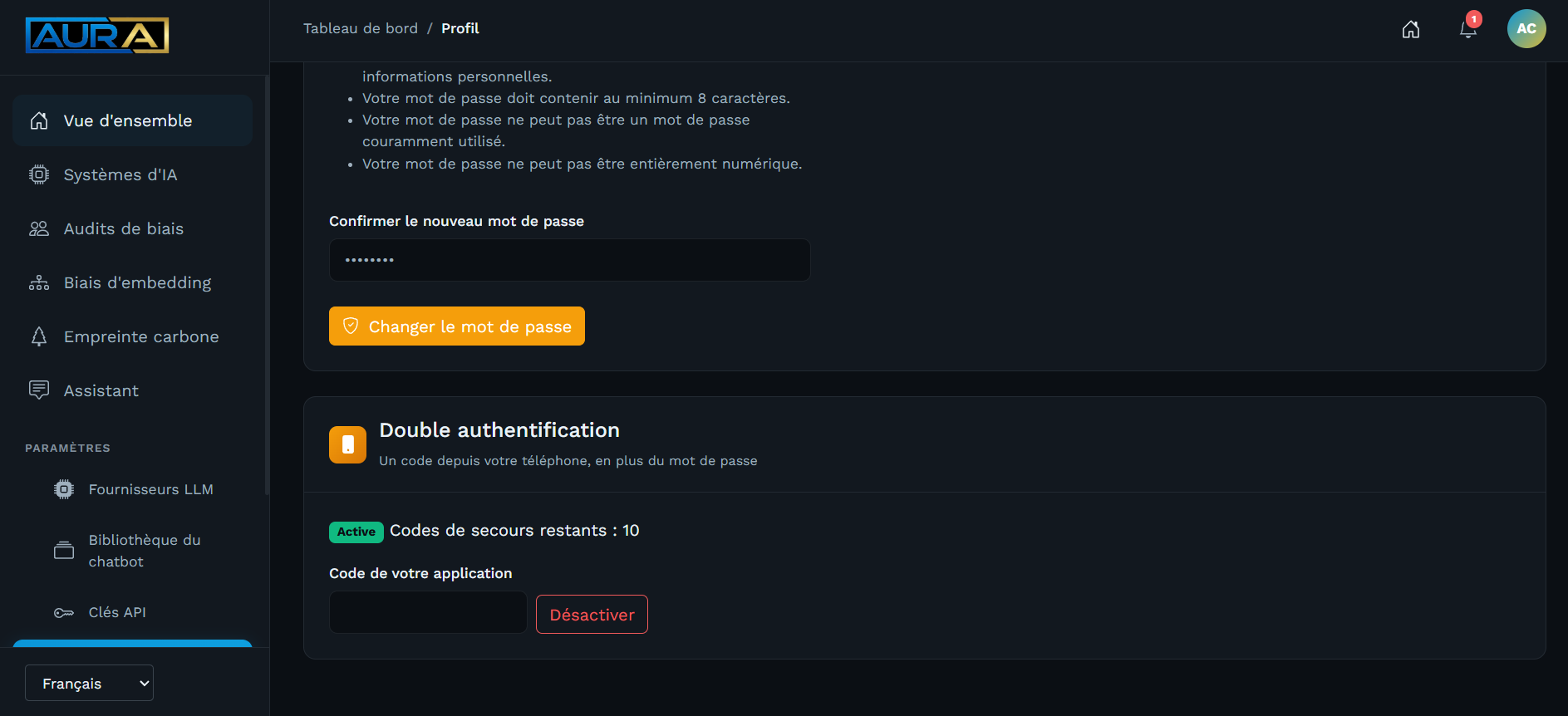 La double authentification activée, avec le nombre de codes de secours restants